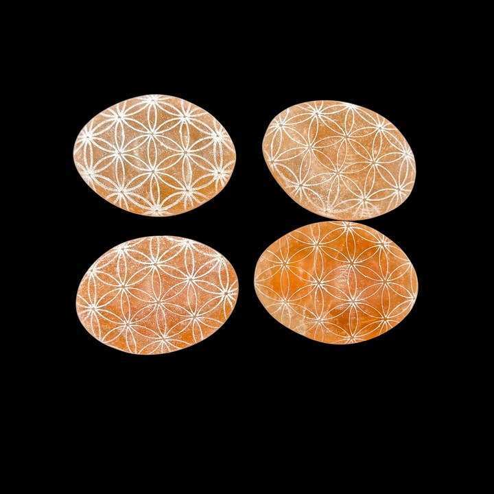 Funky Stuff - Wholesale Spiritual Stone/Crystal - Peach Selenite Engraved Palmstone - Flower Of Life1