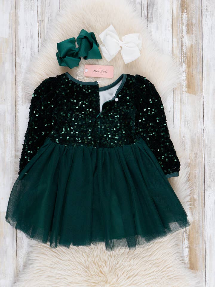 Marie Nicole Clothing - Wholesale Dress - Kids - Emerald Sparkle Party Long Sleeve Tulle Dress1