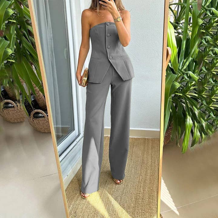 KK Bloom - Wholesale Suit Set - Women's - Casual Fashion Tailored Suit Button Graceful Tube Top Suit Pants