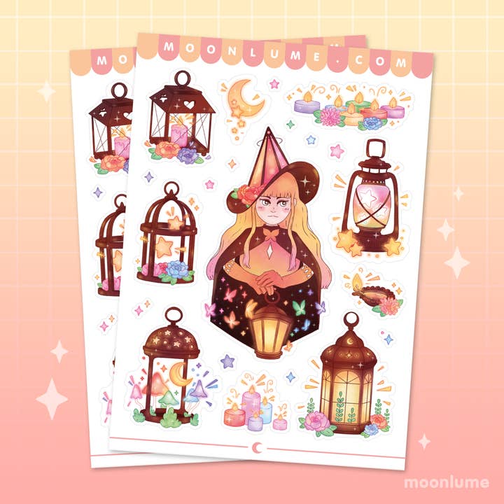 Lantern Lights vinyl and waterproof A6 sticker sheet for wholesale by Moonlume