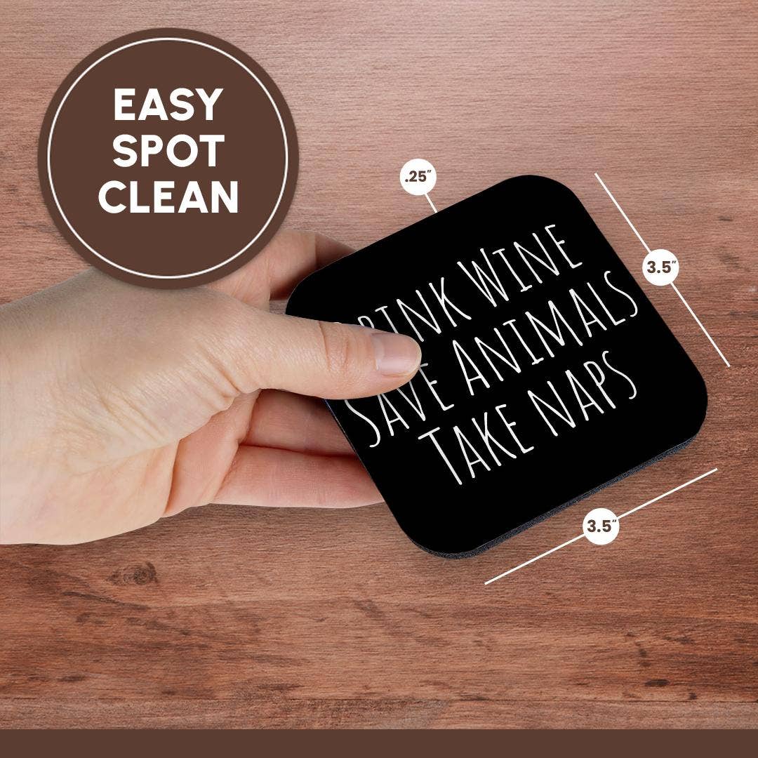 3dRose - Wholesale Coasters - 3dRose, Drink Wine Save Animals Take Naps. Thin white letters on black., Coaster13