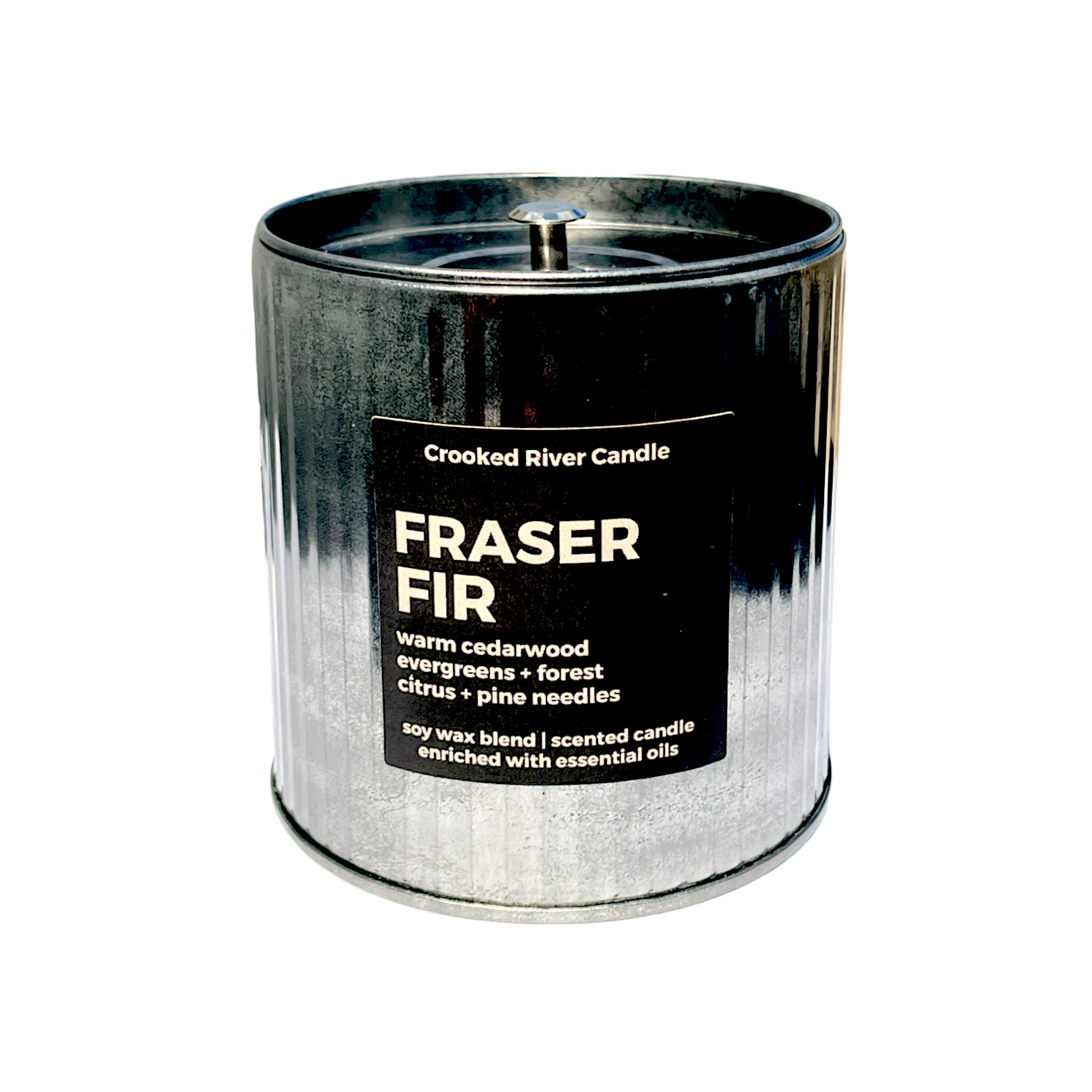 Crooked River Candle - Wholesale Jar/Filled Candle - Fraser Fir | Holiday Candle | Rustic Tin with Lid-Wood Wick 1
