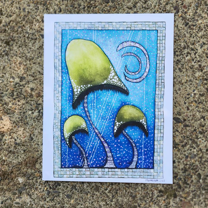 Green/ Blue Mushroom Watercolor Art Print 8.5x11in for wholesale by WaterDamnages