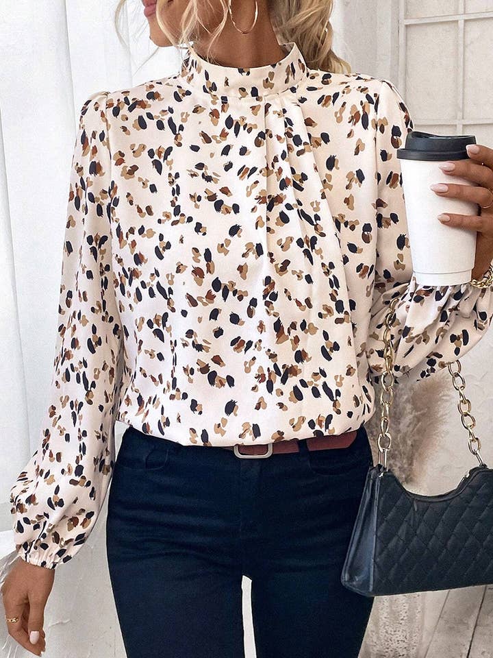 Leopard Print Lantern Sleeve Mock Neck Pleated Blouse for wholesale by Lovesoft
