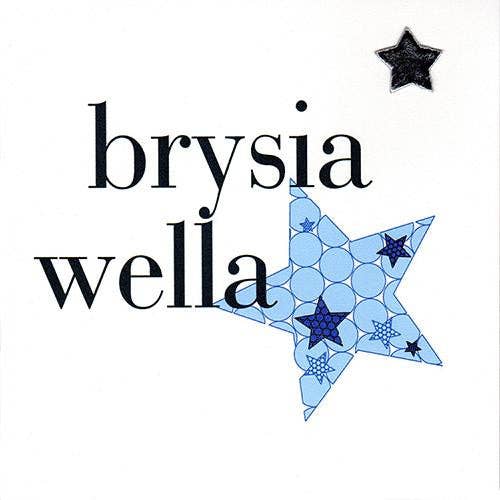 Welsh Get Well Card, Blue Star, Get Well Soon, padded star embellished for wholesale by Claire Giles Ltd