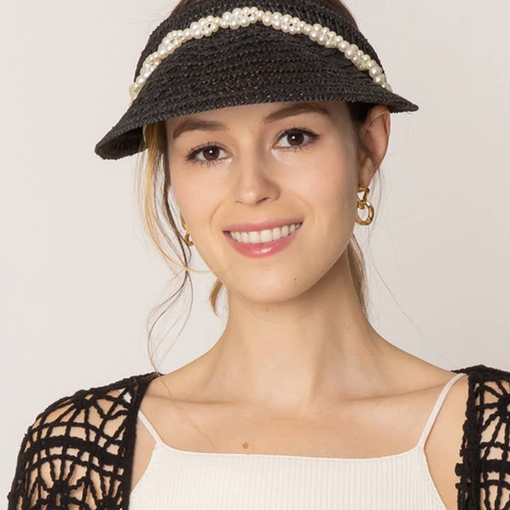 Fashion City – wholesale Visor – Women's – Straw Sun Visor with Twisted Pearl Band3
