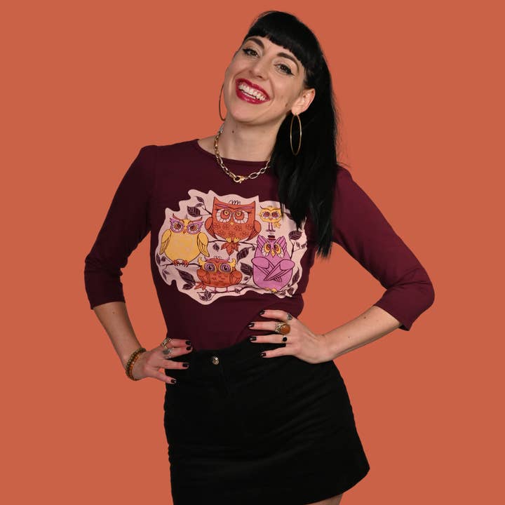 Wacky Owls 3/4 Sleeve Tee in Black Plum for wholesale by Blue Platypus