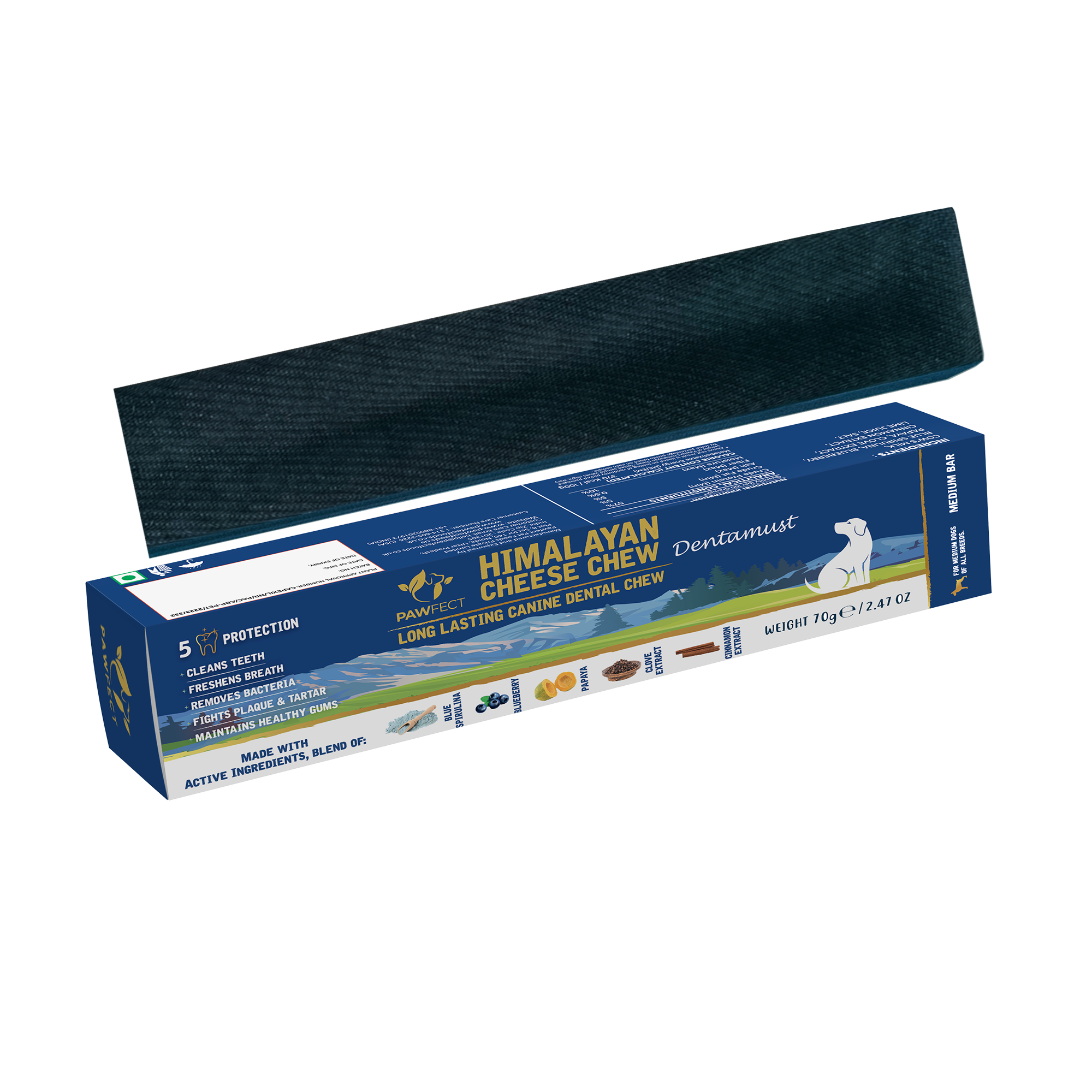 Pawfect Foods - Vendita all'ingrosso Snack - Cani - Pawfect Dentamust Masticabili al Formaggio Himalayano con Mirtillo e Papaya per Cani|Masticabili dentali di lunga durata con Superfood|Tutto Naturale, Alto contenuto proteico|Senza cereali|Confezione da 1 per cani di taglia media (70g/2.47oz)0