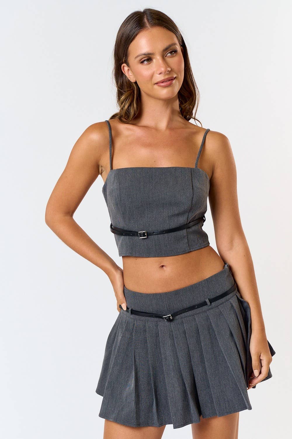 Blue Blush - Wholesale Top & Skirt Set - Women's - IBS31066 Belted Top and Pleated Mini Skirt Set6