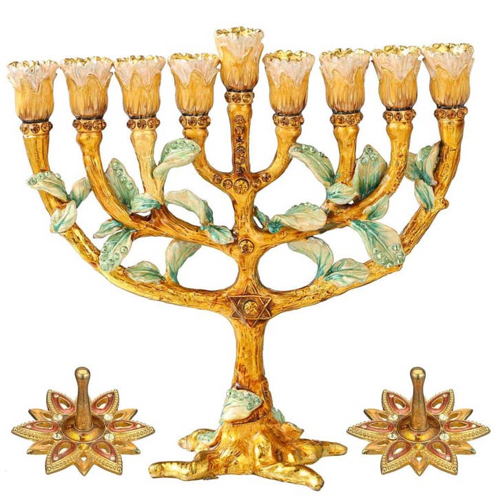 Hanukkah Ferie Sæt – Træ & Blomst Menorah & 2 Dreidels for engroshandel hos Matashi