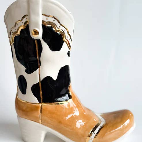 Two Tone Cow Print Cowboy Boot Vase for wholesale by Lo Home | Ruby Clay