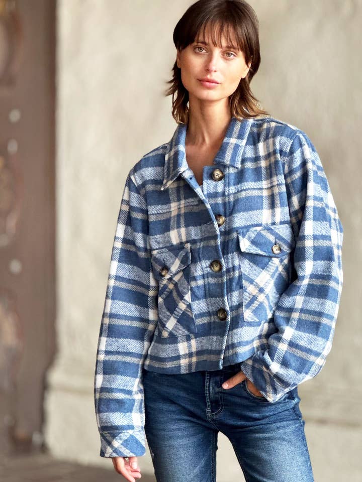 Honey Blue Plaid Outland Jacket for wholesale on Faire
