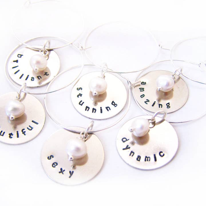 Set of 6 Silver Hand Stamped Freshwater Pearl Wine Charms / Champagne Charms for wholesale by CY Design Studio