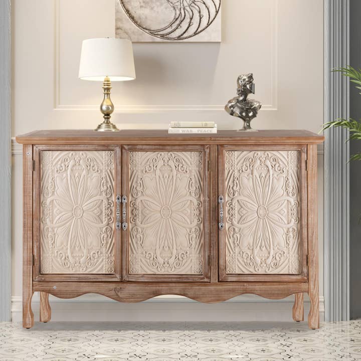 Heynemo - Wholesale Cabinet - Sideboard Buffet Cabinet with 3 Carved Doors and Shelves
