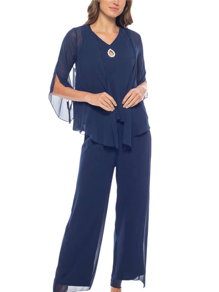 Conjunto de 3 piezas: Pantalones rectos sin mangas con cuello en V y adornos, y chaqueta de manga 3/4. para venta al por mayor de Immediate Apparel