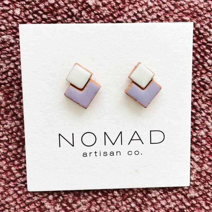 Double Square Purple Ceramic Stud for wholesale by Nomad Artisan Company