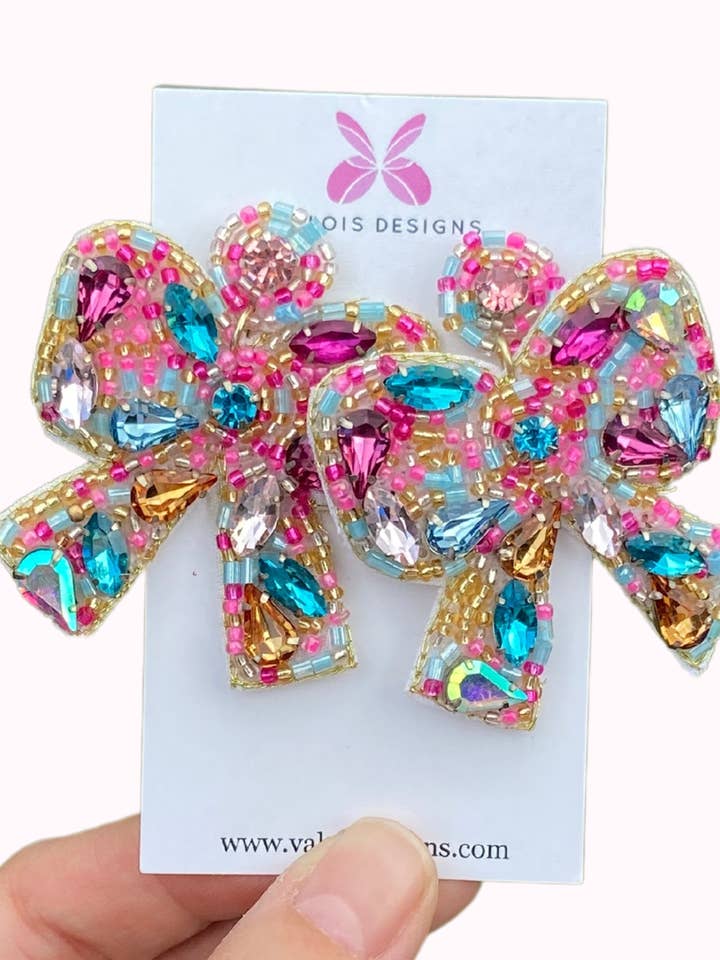 Colorful Beaded Bow Earrings for wholesale by Valois Designs
