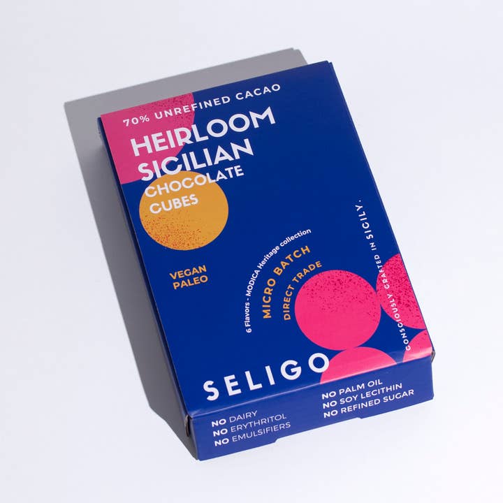 Seligo 70% Unrefined Dark Chocolate Cubes Tasting flyer for wholesale by Seligo