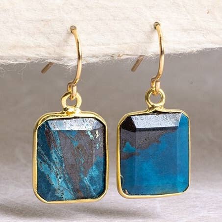 Ruby Zoisite Emerald Cut Gold Drop Earrings for wholesale by Soul & Little Rose