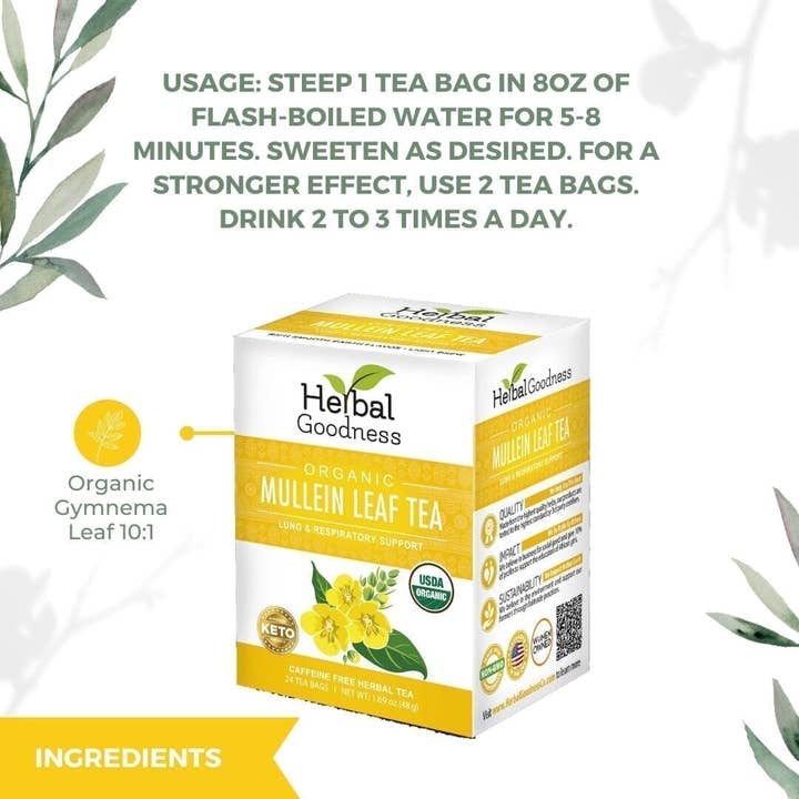 Herbal Goodness - Wholesale Health/Detox Tea - Mullein Leaf Tea - Organic 24/2g - Lung & Respiratory Support - Herbal Goodness