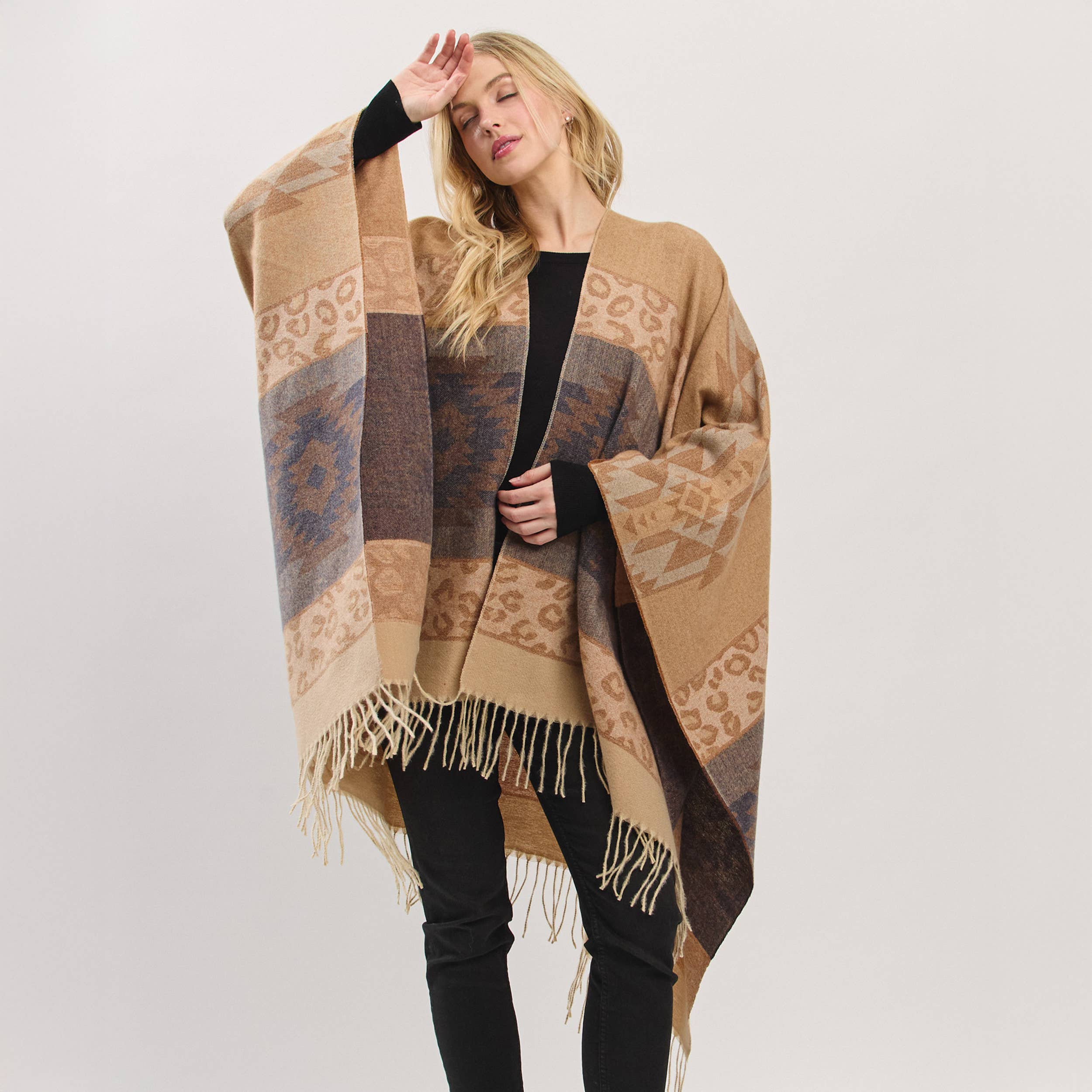 Hana – wholesale Kimono – Women's – Aztec Leopard Pattern Western Style Fringe Ruana11