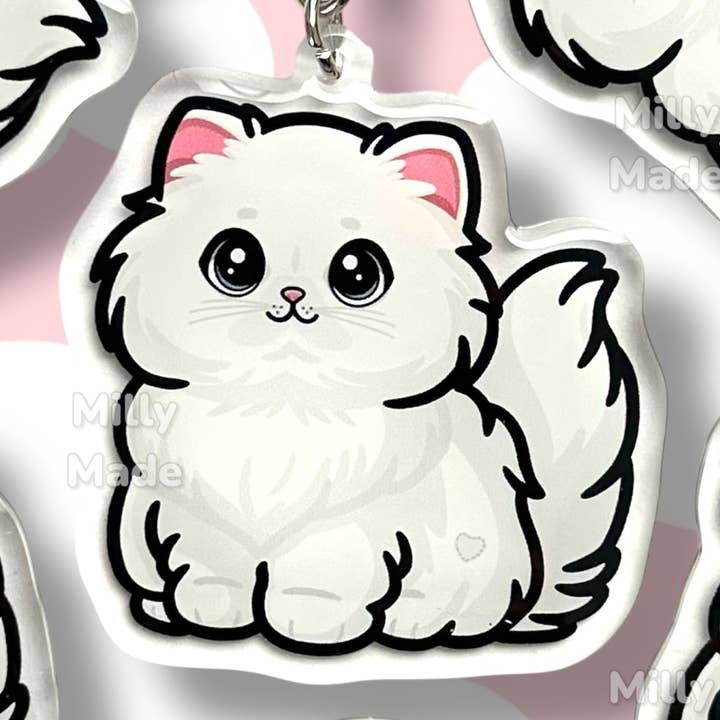 Weißer Perser Langhaarkatze Acryl-Schlüsselanhänger mit Epoxidharz | Einfacher Clip, niedliches Katzen-Cartoon, handgezeichnetes Design, Geschenk für Katzenliebhaber für den Großhandel von Milly Made Designs