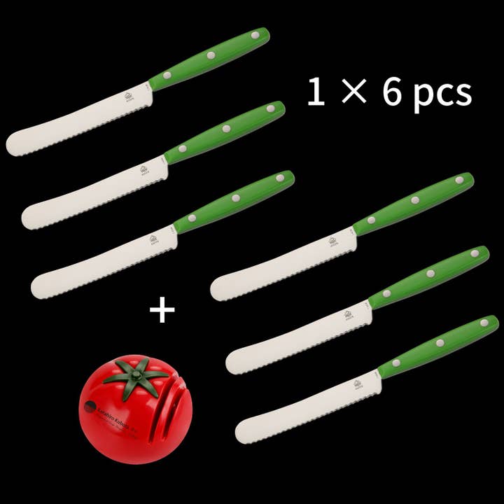 7 pcs set- 6 PUMA butter knives w/green ABS&roller sharpener for wholesale by Ed Mahony
