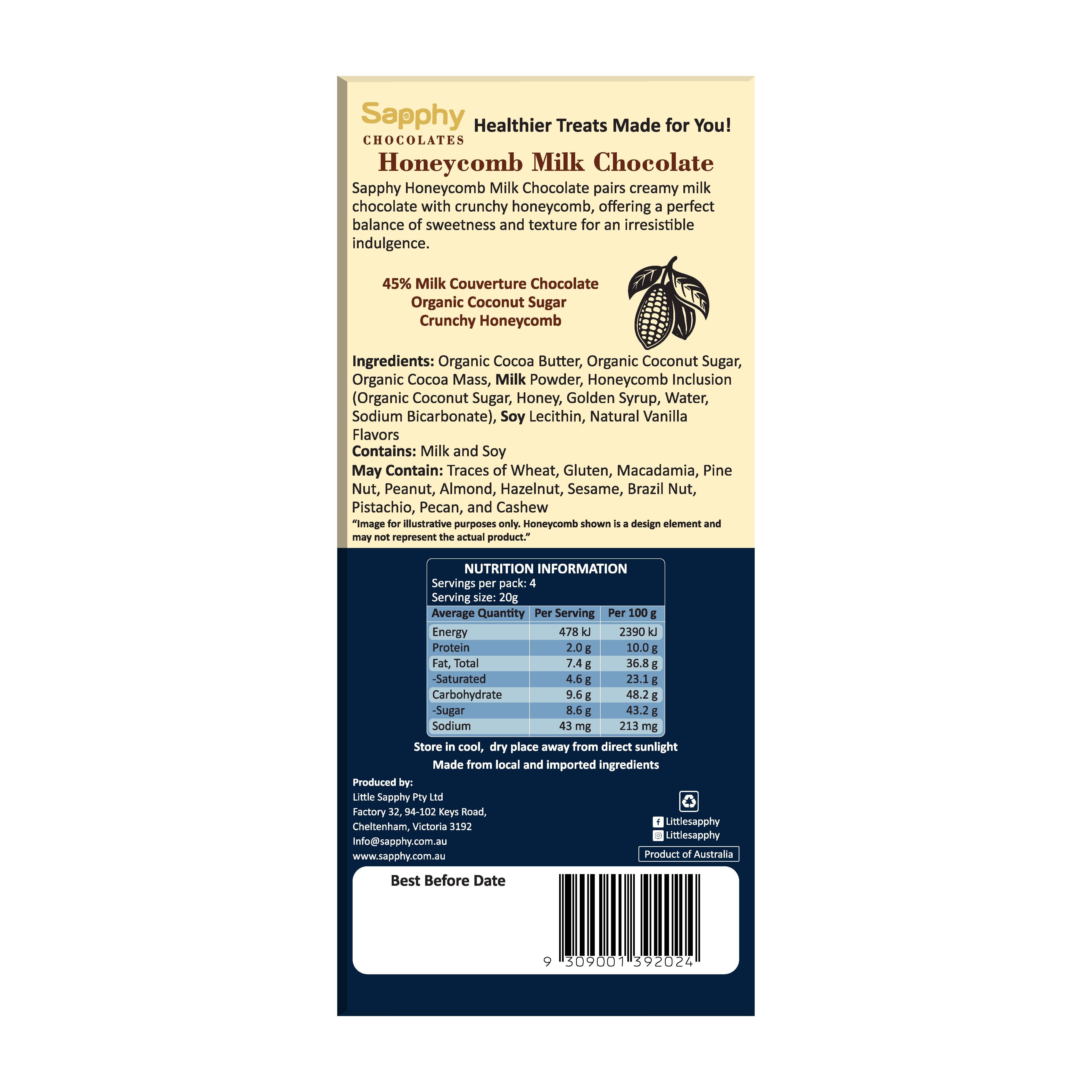 Sapphy - Wholesale Chocoladereep - Sapphy Premium Honingraat Melkchocolade – 80g | Gemaakt met Kokossuiker & Knapperige Honingraat1