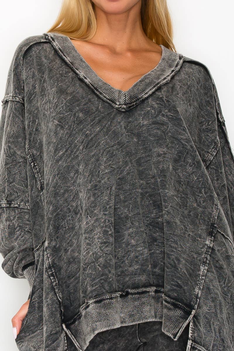 Black MineralWashed Boho Oversized Vneck Sweatshirts HT4173 for wholesale on Faire2