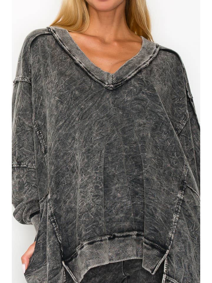 Black MineralWashed Boho Oversized Vneck Sweatshirts HT4173 for wholesale on Faire2