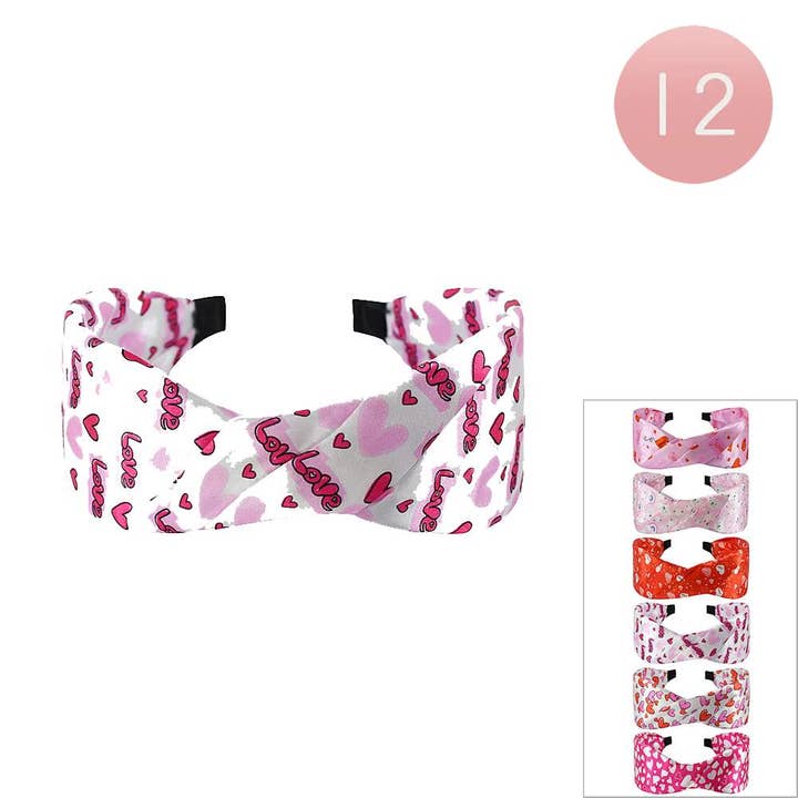 12PCS - Love Heart Printed Knot Satin Like Headbands for wholesale by Madeline Love