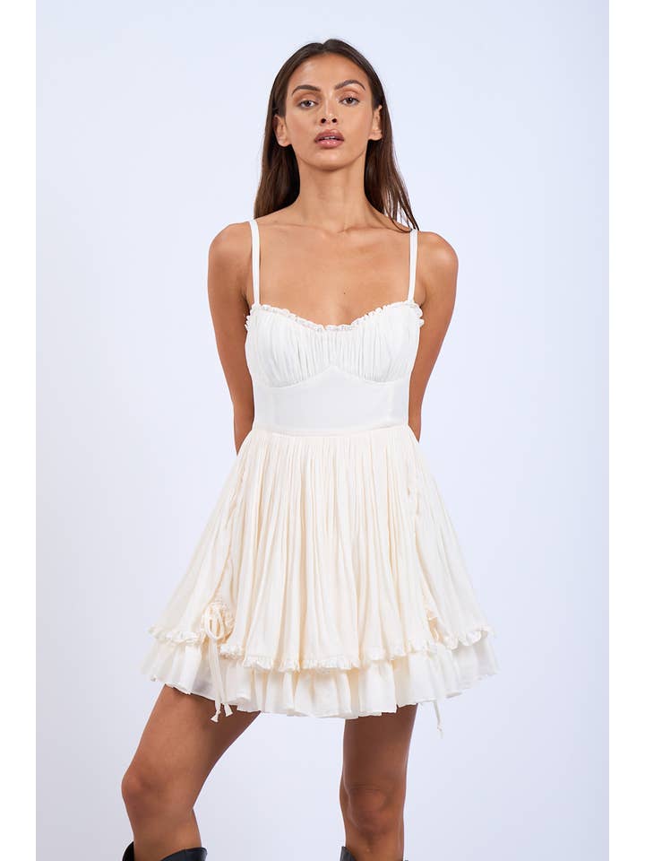 Sky to Moon - Wholesale Dress - Women's - -SATIN TIE POINT DOUBLE LAYERED RUFFLE MINI DRESS