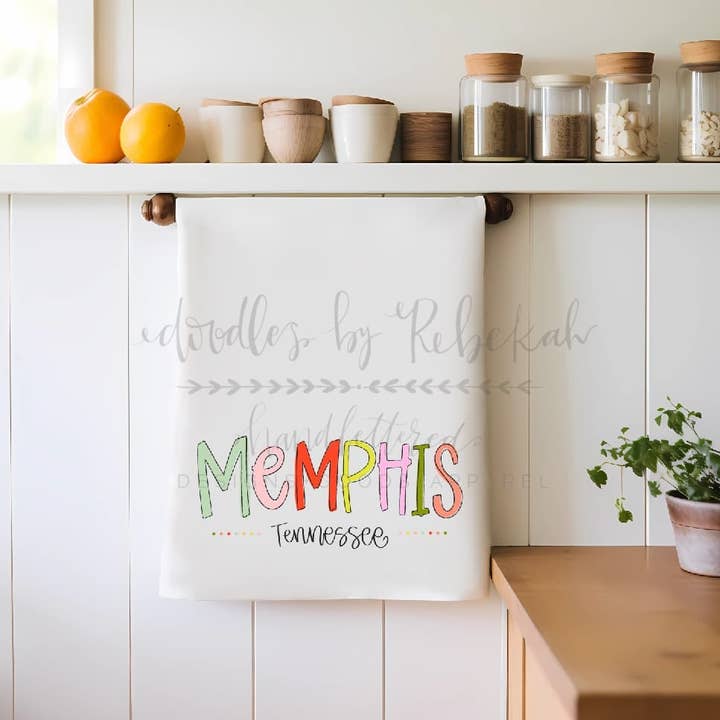 Doodles By Rebekah - Wholesale Tea Towel - Colorful Town and State Town Tea Towel