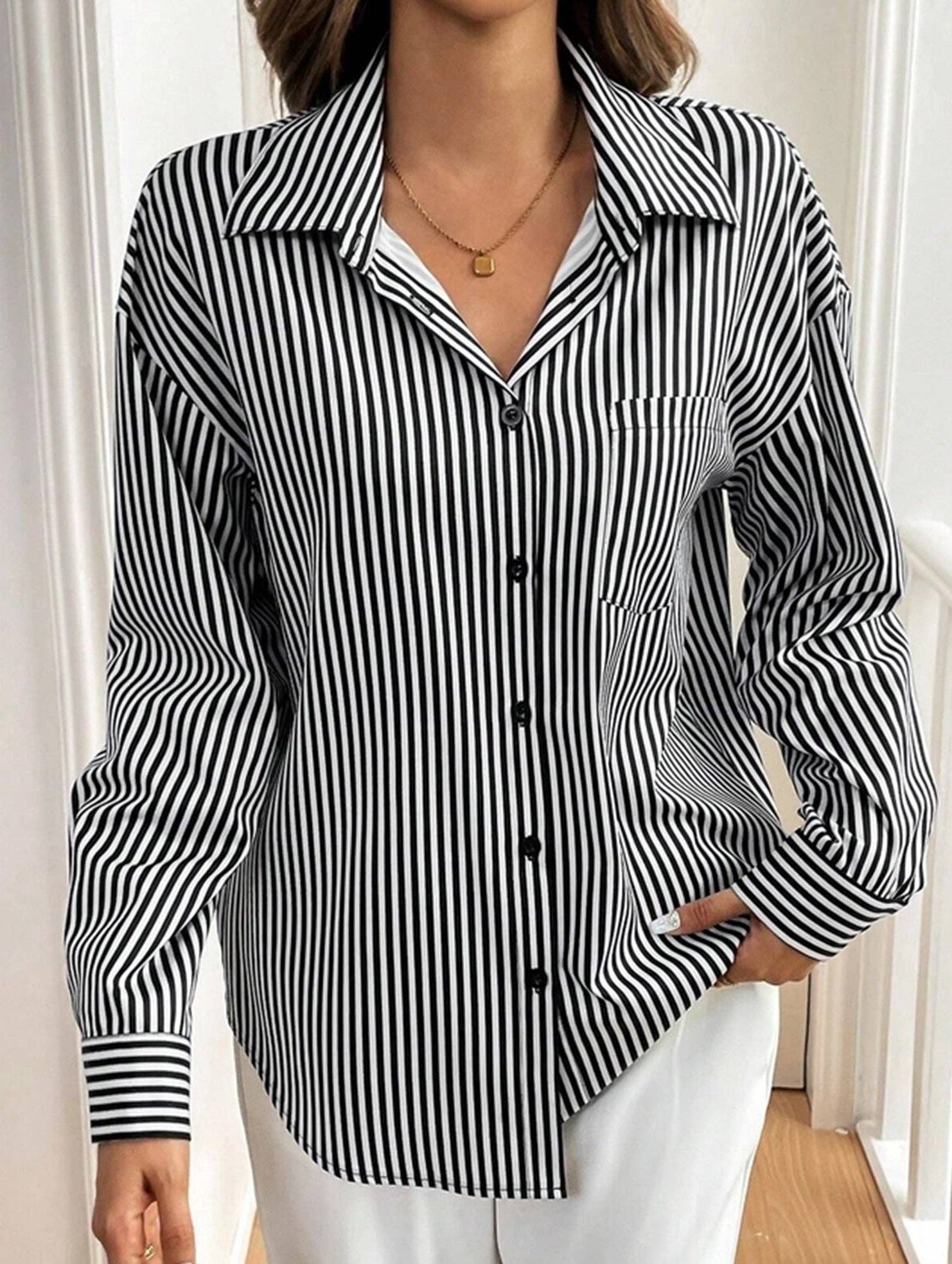 STRIPE A striped printed long-sleeved shirt with a bow for wholesale on Faire1