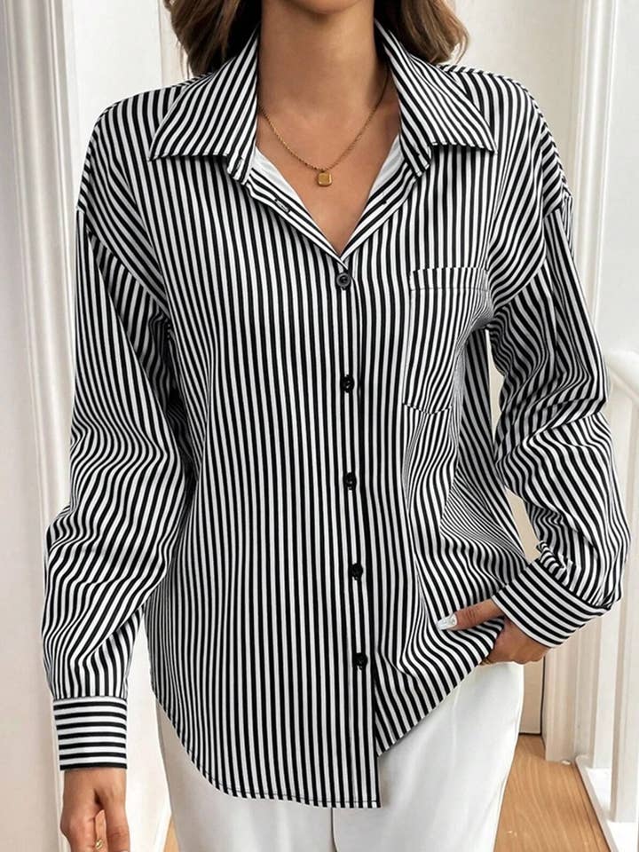STRIPE A striped printed long-sleeved shirt with a bow for wholesale on Faire1