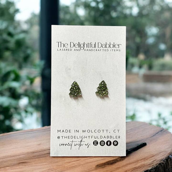Christmas Tree Stud Earring Matte or Glitter Sage for wholesale by The Delightful Dabbler LLC