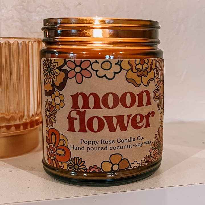 Mondblume 8 Unzen Bernsteinglas Kokosnusswachskerze für den Großhandel von Poppy Rose Candle Co.
