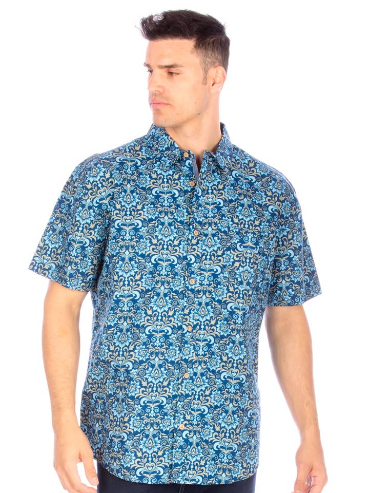 MEN'S PRINTED WOVEN HAWAII FLORAL SHORT SLEEVE COTTON SHIRT for wholesale by Hawk's Bay