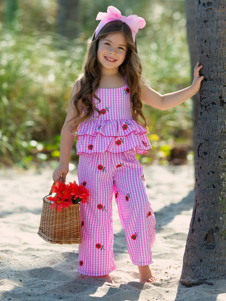 Lyserød Strandsblomst Gingham Broderet Peplum Top og Bukser Sæt for engroshandel på Faire3