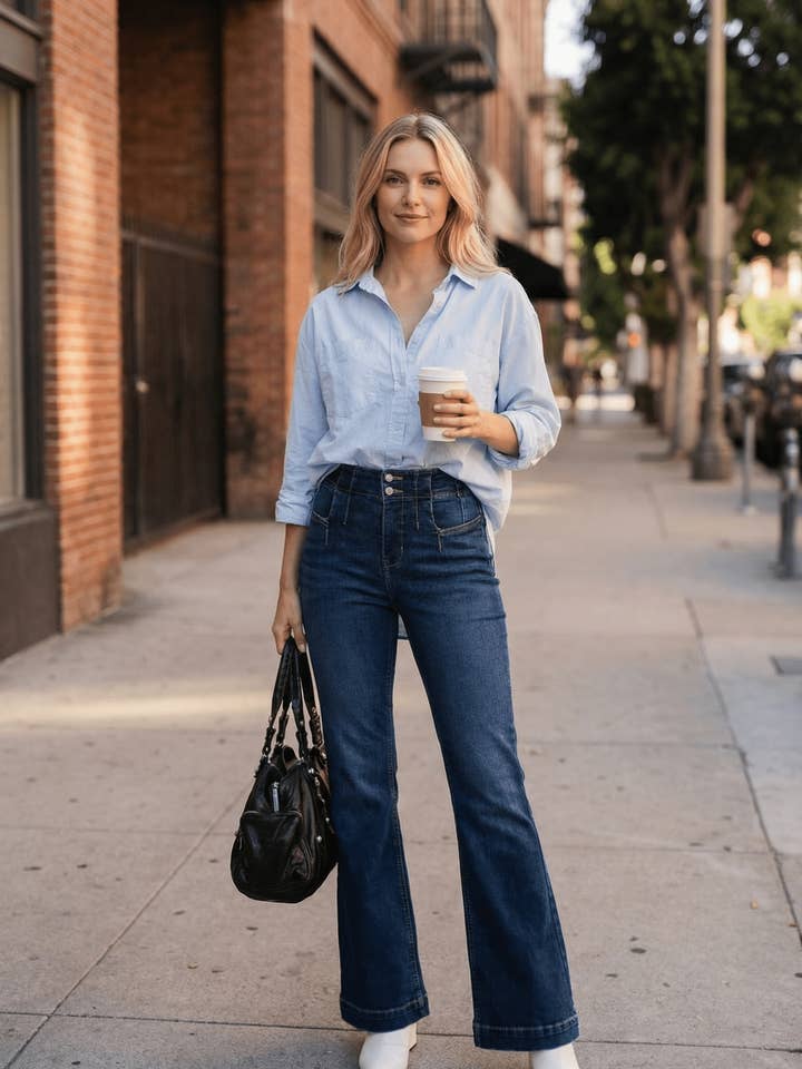 MAVEKONTROL + HOFTEFORHØJER HØJTALJEDE MODERNE FLARE JEANS for engroshandel hos ARTEMIS VINTAGE