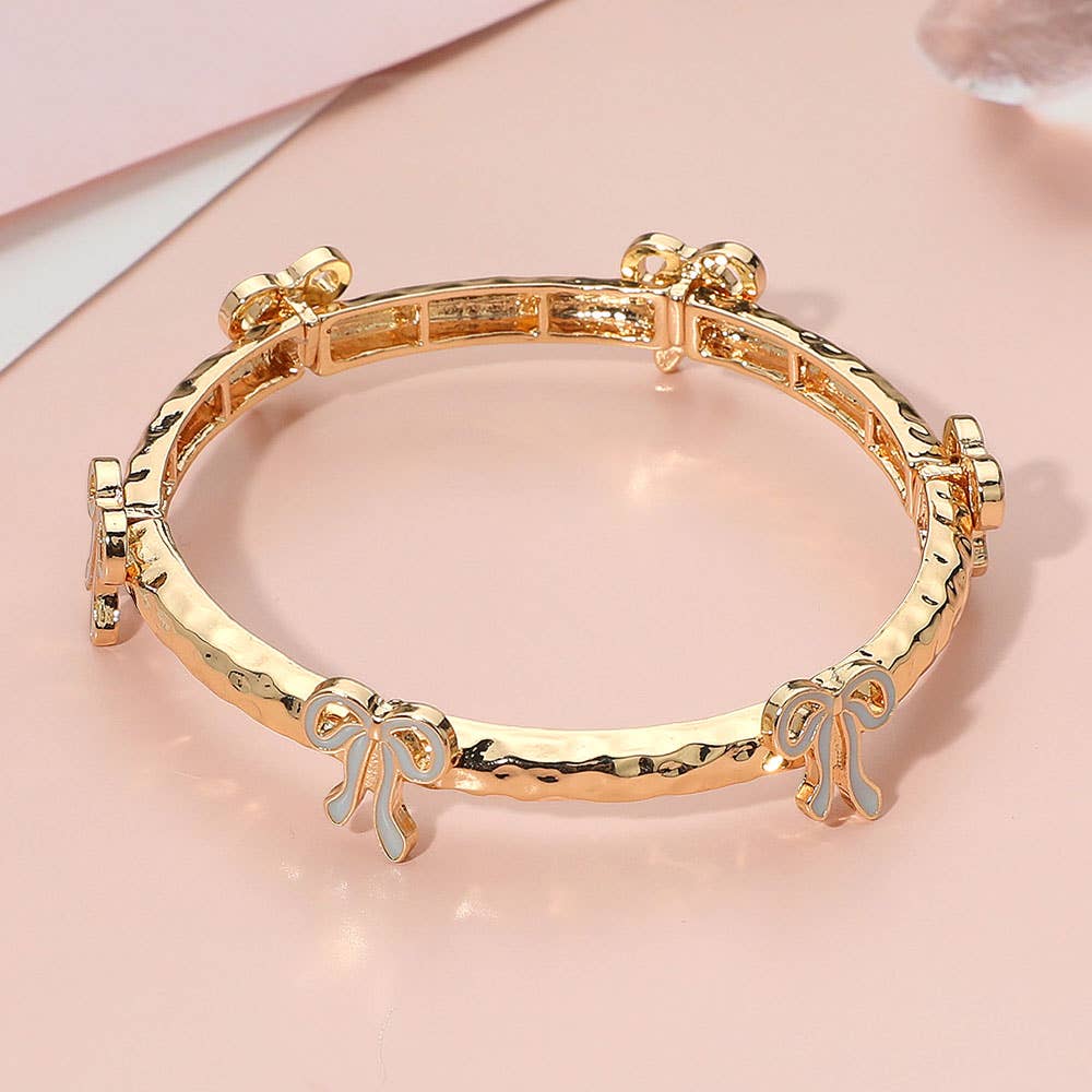 Sensibling Corp. - Wholesale Bangle Bracelet - Enamel Bow Accent Hammered Metal Bar Beaded Stretch Bracelet0