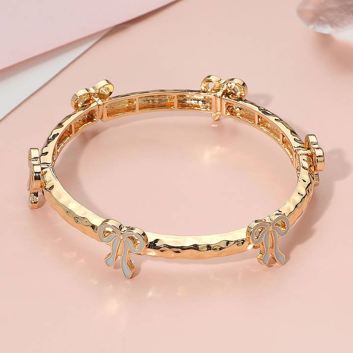 Sensibling Corp. - Wholesale Bangle Bracelet - Enamel Bow Accent Hammered Metal Bar Beaded Stretch Bracelet