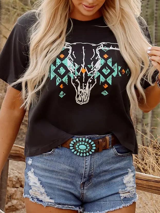 Carbon Grey Vintage Western Bull Head Skull Turquoise Aztec Graphic T Shirt for wholesale on Faire