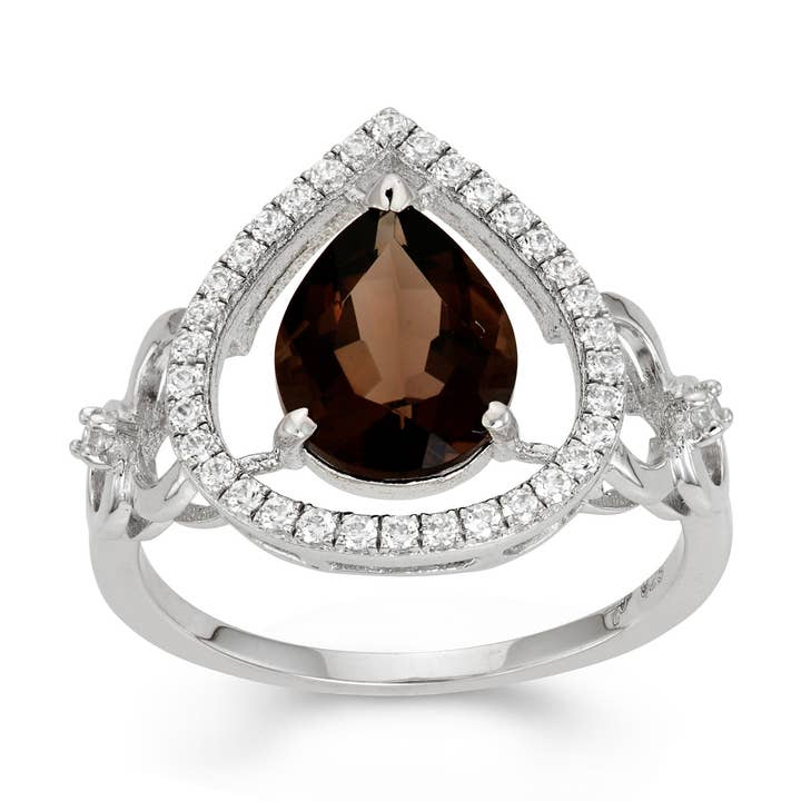 Bague double topaze fumée en forme de poire en argent sterling 10 x 8 mm avec CZS pour la vente par Luxe on Main LLC