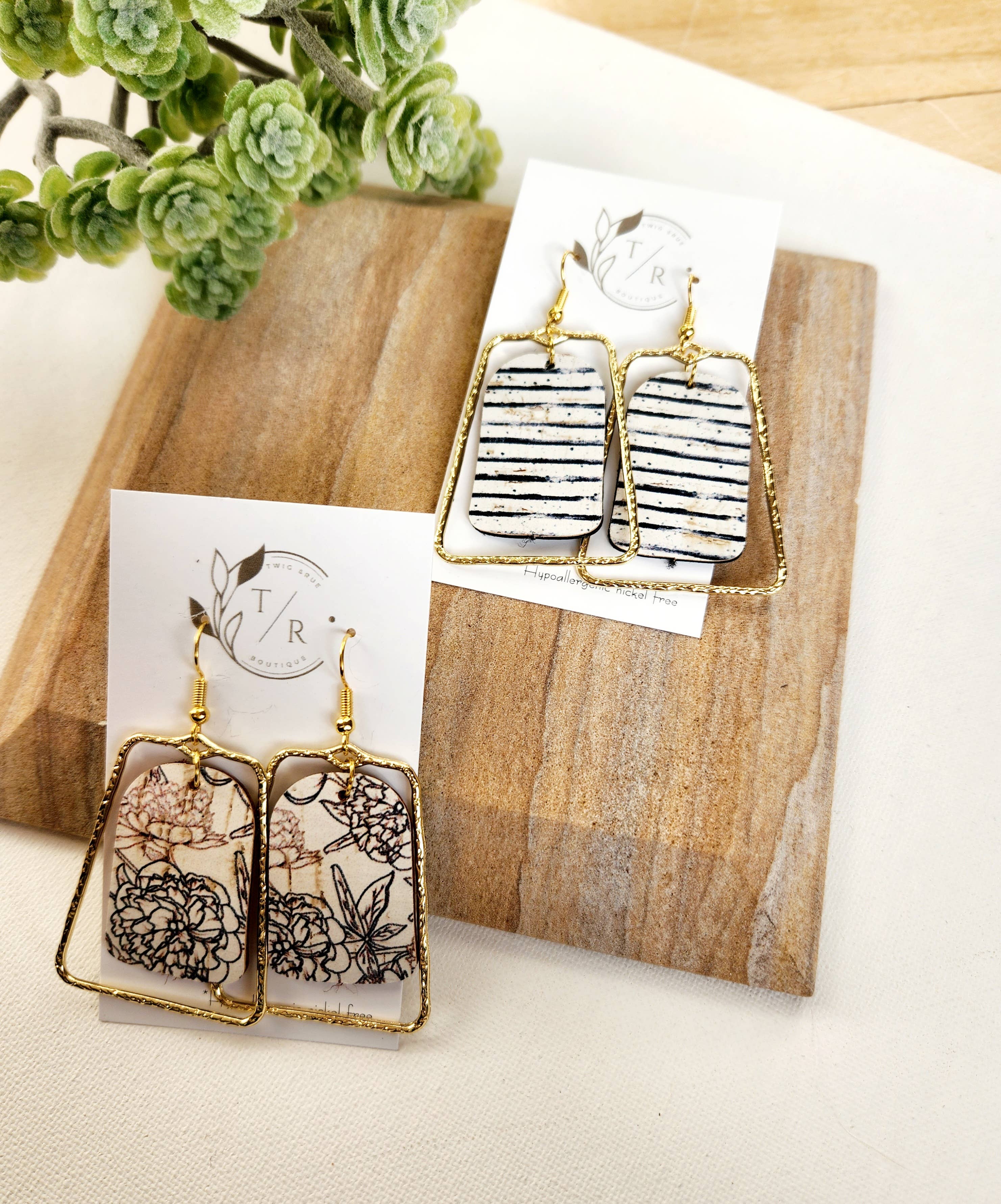 Twig & Rue boutique - Wholesale Dangle Earrings - Chloe|  Black & White collection, leather and gold statement1