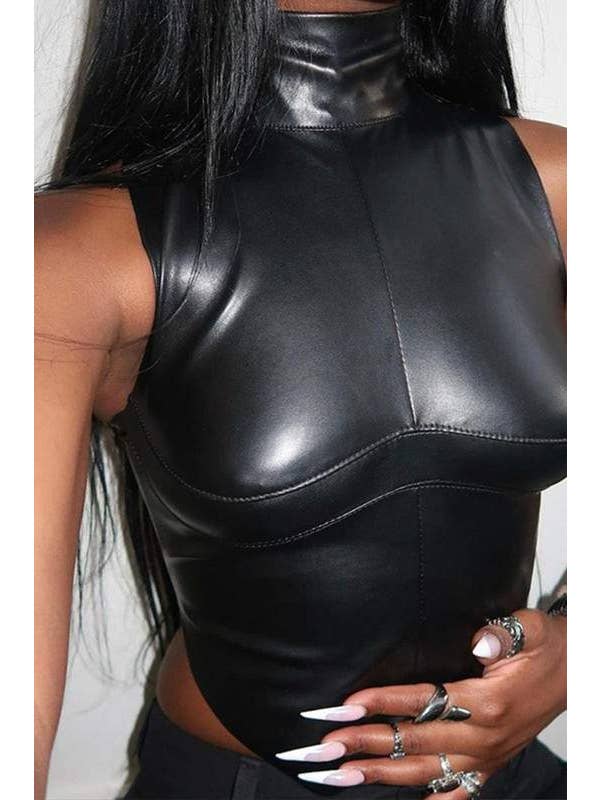 BLACK vinyl sleeveless top for wholesale on Faire7