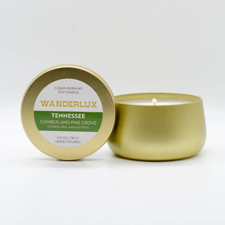 Wanderlux Tennessee Cumberland Pine Grove 6.5 Ounce Soy Candle for wholesale by Wanderlux Candles