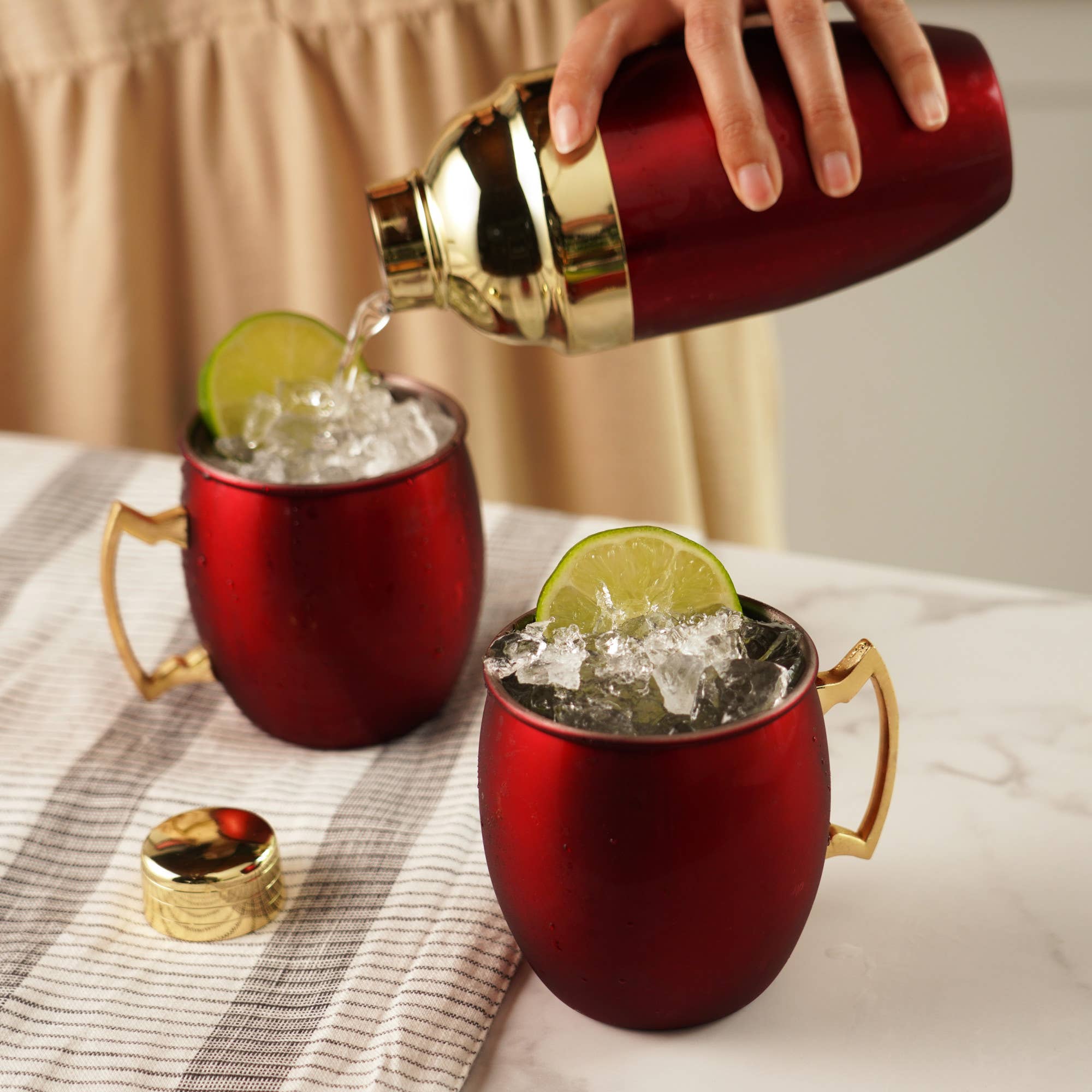 Twine - Wholesale Cocktail/Liquor Glass - Red and Gold Plated Shaker and Moscow Mule Mugs Set of 32