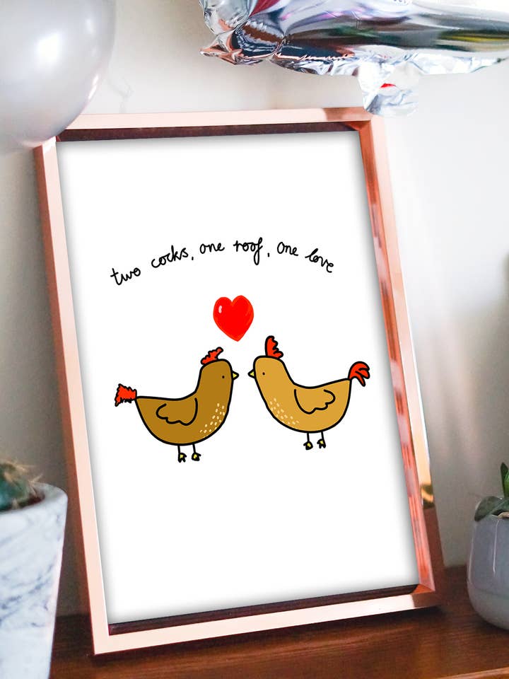 TWO COCKS Art Print for wholesale by Two Brides Presents