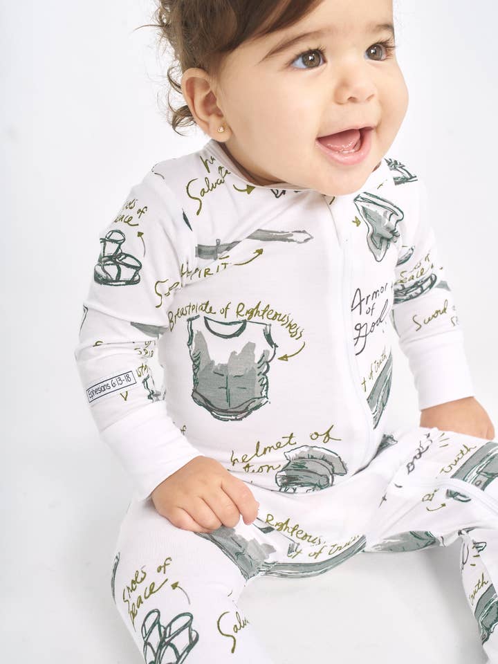 Armor of God White PJ Footed Onesie Bamboo for wholesale by Holy Pals